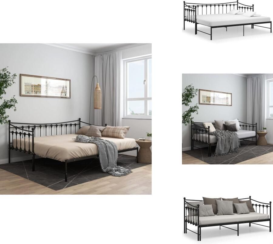 VidaXL Bedbank Logeerbed Zwart Gepoedercoat Metaal 206x184.5x91.5cm Geschikt voor 90x200cm matras Inclusief zijplank Stevige metalen constructie Matrassen niet inbegrepen Bed - Foto 2