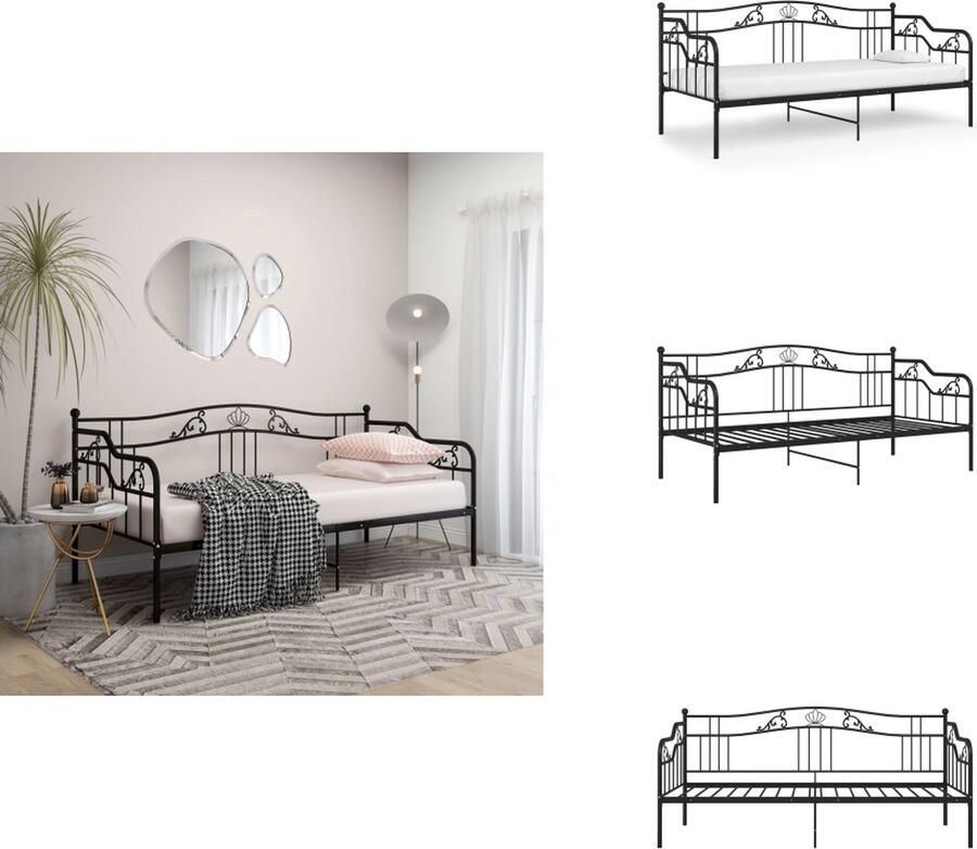 VidaXL Slaapbank Zwart Gepoedercoat metaal 206 x 95 x 91.5 cm Inclusief zijplank Matrassen niet inbegrepen Bed - Foto 2
