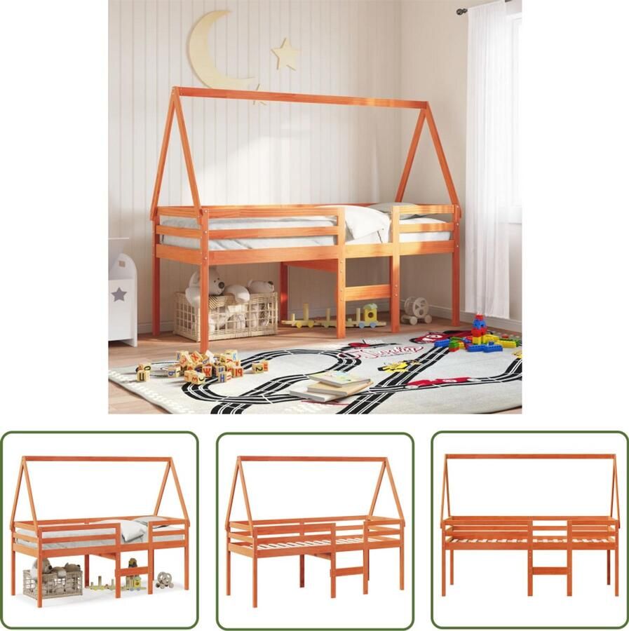 VidaXL Beddak Hoogslaper met dak massief grenenhout wasbruin 90x200 cm Grenenhout Kidsbed Kinderbed