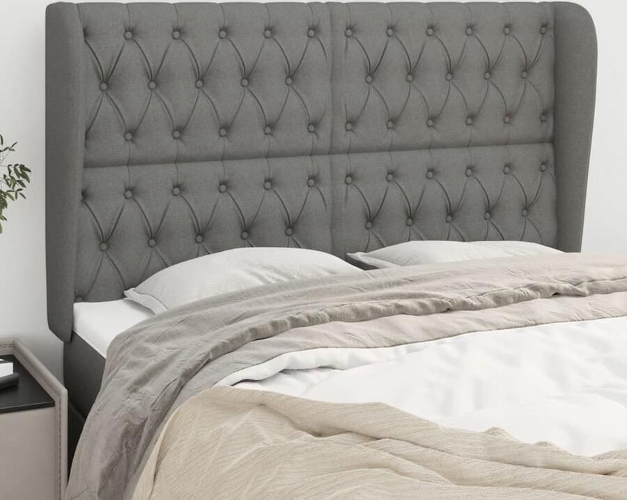 The Living Store Hoofdbord met randen 147x23x118 128 cm stof donkergrijs Hoofd Bord Beddecoratie Hoofdkussen Leeshoek Tv Hoek