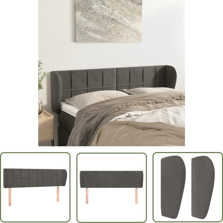 The Living Store Hoofdbord met randen 147x23x78 88 cm fluweel donkergrijs Hoofd Bord Beddecoratie Hoofdsteun Velvet Grijs