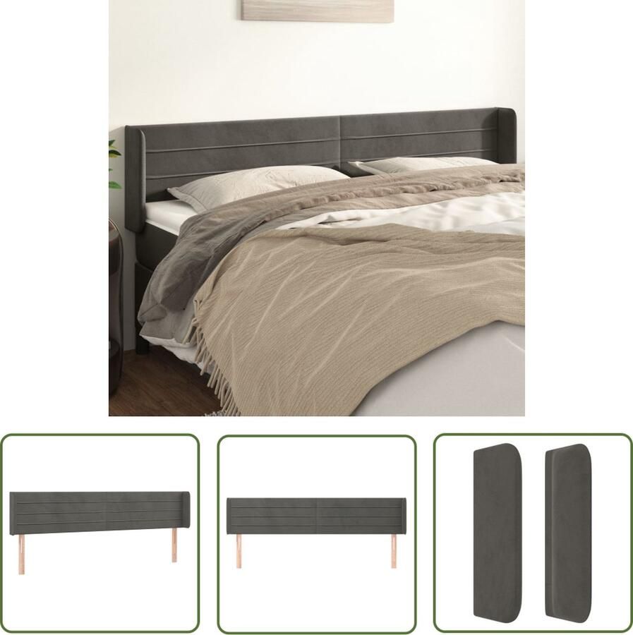The Living Store Hoofdbord 163 x 16 x 78 88 cm Donkergrijs Fluwelen Stof Massief Larikshout Hoofd Bord Beddecoratie Hoofdkussen Velvet Grijs