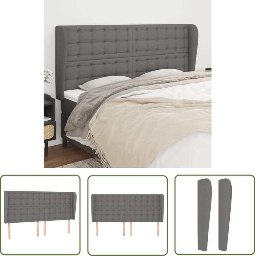 The Living Store Hoofdbord met randen 163x23x118 128 cm stof donkergrijs Hoofd Bord Beddecoratie Hoofdkussen Slaapcomfort Donkere Kleuren