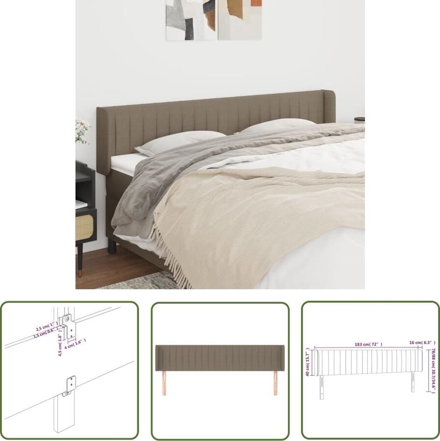 The Living Store Hoofdbord met randen 183x16x78 88 cm stof taupe Hoofd Bord Beddecoratie Hoofdkussen Slaapcomfort Stoffen Hoofdbord