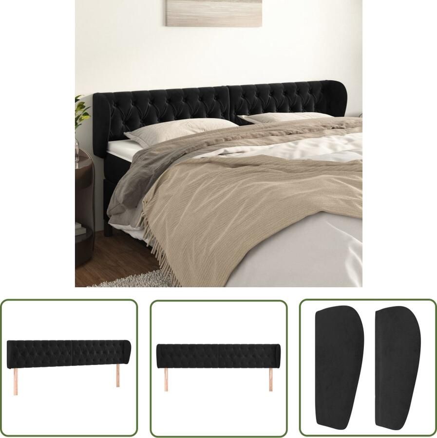 The Living Store Hoofdbord met randen 183x23x78 88 cm fluweel zwart Hoofd Bord Beddecoratie Hoofdbord Zwart Velvet Hoofdbord Klassiek Hoofdbord