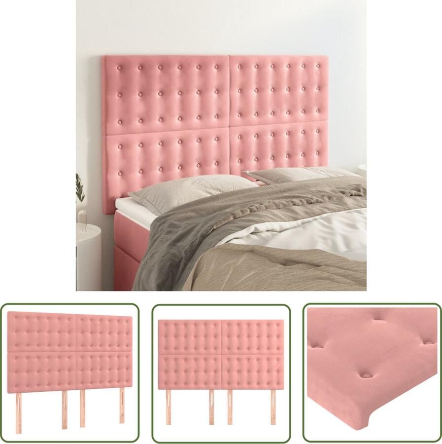 The Living Store Hoofdborden 4 st 72x5x78 88 cm fluweel roze Hoofd Bord Beddecoratie Hoofdeinde Velvet Roze