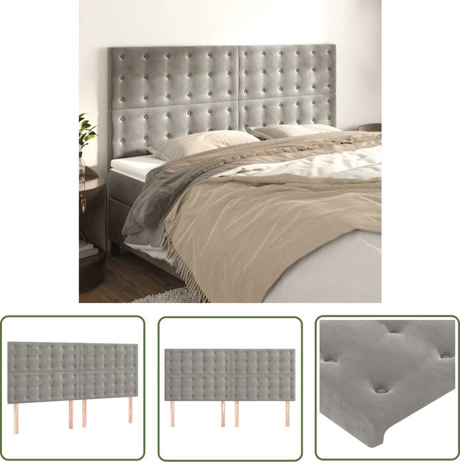The Living Store Hoofdborden 4 st 90x5x78 88 cm fluweel lichtgrijs Hoofd Bord Beddecoratie Hoofdkussen Velvet Grijs