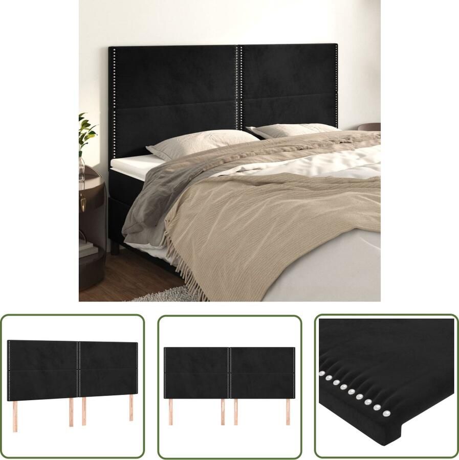 The Living Store Hoofdborden 4 st 90x5x78 88 cm fluweel zwart Hoofd Bord Beddecoratie Hoofdkussen Velvet Zwarte Kleur