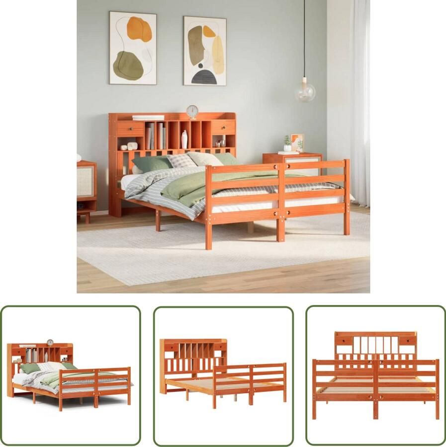 VidaXL Bedden Slaapkamers Bed met boekenkast zonder matras grenenhout wasbruin 150x200 cm Houten Bed Boekenkastbed Grenenhouten Bed