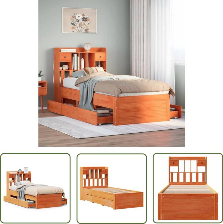 VidaXL Bedden Slaapkamers Bed met boekenkast zonder matras grenenhout wasbruin 75x190 cm Houten Bedden Massief Hout Grenenhouten Bed