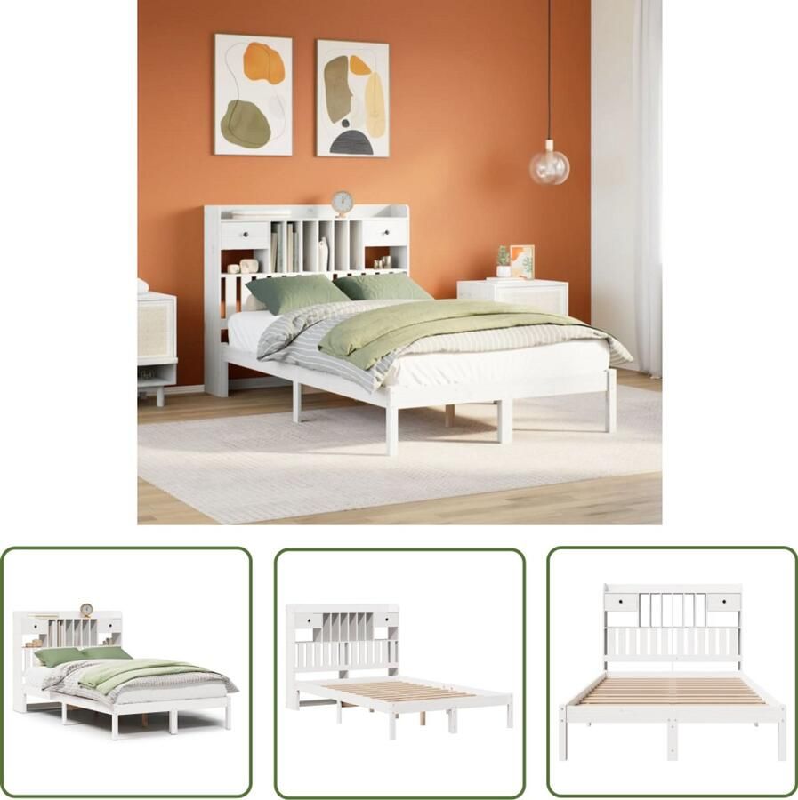 VidaXL Bedden Slaapkamers Bed met boekenkast zonder matras grenenhout wit 135x190 cm Houten Bed Boekenkastbed Grenenhouten Bed