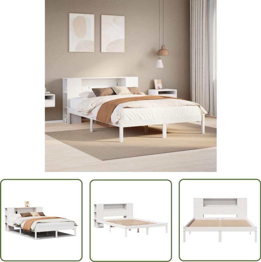 VidaXL Bedden Slaapkamers Bed met boekenkast zonder matras grenenhout wit 160x200 cm Houten Bed Grenenhouten Bed Boekenkastbed