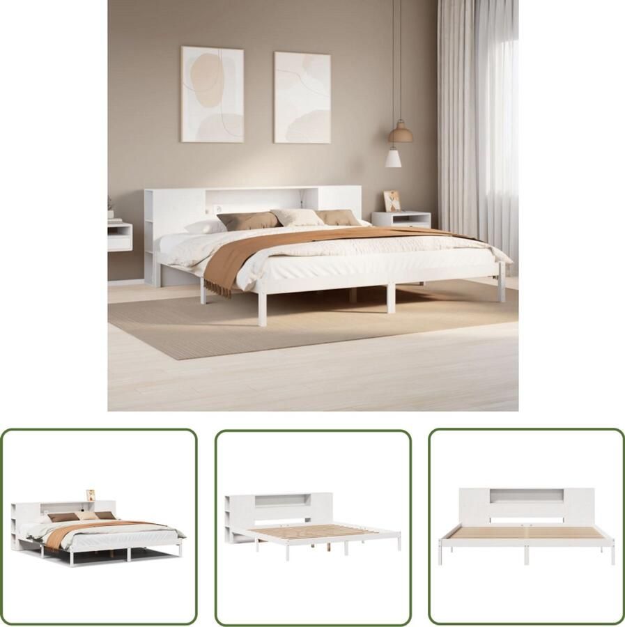VidaXL Bedden Slaapkamers Bed met boekenkast zonder matras grenenhout wit 180x200 cm Houten Bedden Boekenkasten Tweepersoonsbed