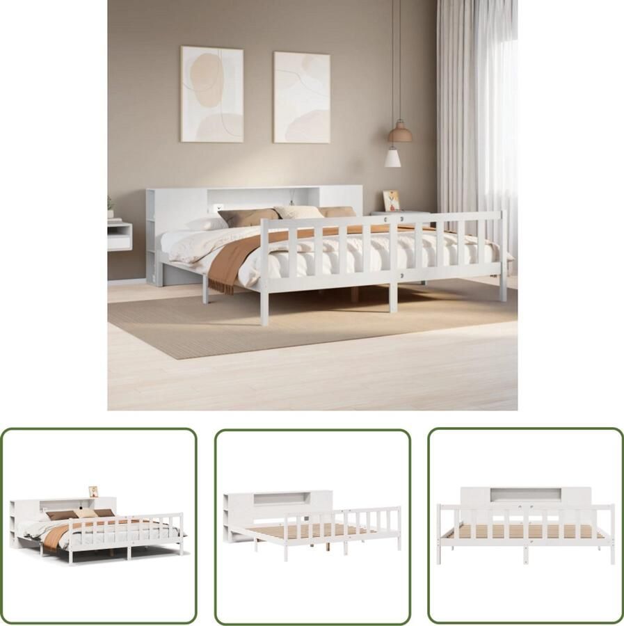 VidaXL Bedden Slaapkamers Bed met boekenkast zonder matras grenenhout wit 200x200 cm Houten Bed Boekenkastbed Grenenhouten Bed