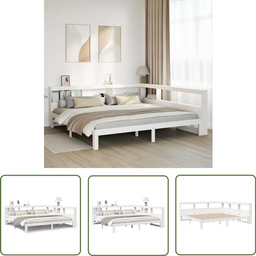 VidaXL Bedden Slaapkamers Bed met boekenkast zonder matras grenenhout wit 200x200 cm Houten Bedden Boekkasten Bed Met Boekenkast