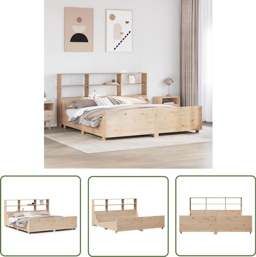 VidaXL Bedden Slaapkamers Bed met boekenkast zonder matras massief hout 200x200 cm Houten Bed Boekenkast Bed Tweepersoonsbed