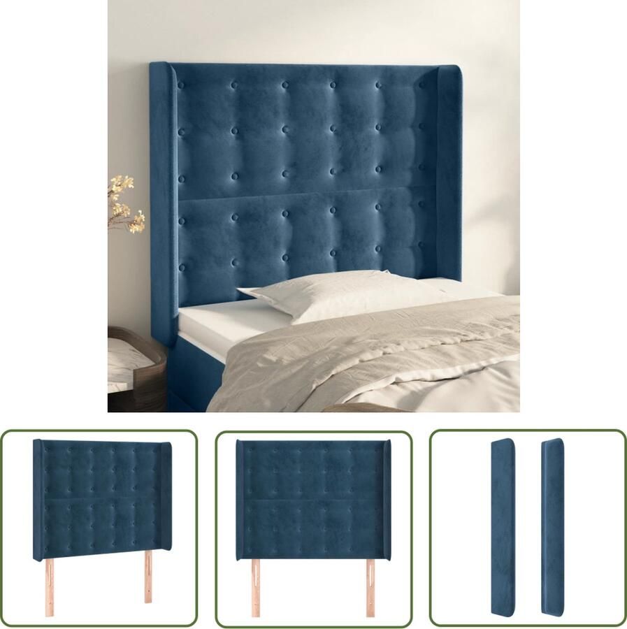 The Living Store Hoofdbord met randen 93x16x118 128 cm fluweel donkerblauw Hoofd Bord Beddengoed Hoofdkussen Velvet Blauw