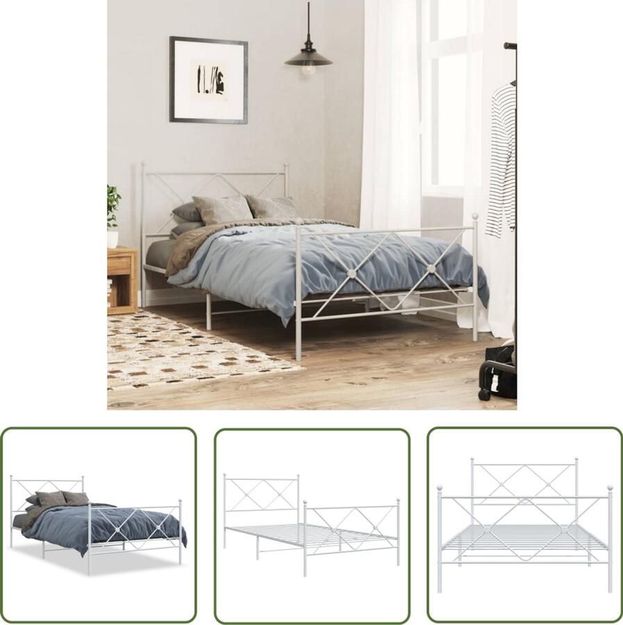 VidaXL Bedframe 100x190 Witte Metalen Bedframe met hoofd- en voeteneinde metaal wit 100x190 cm Staal Bedframe Enkelpersoonsbed Modern Bedframe