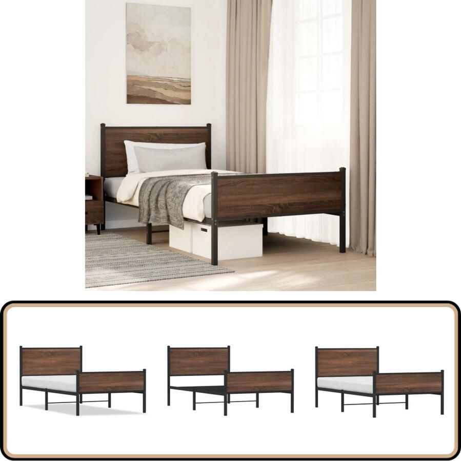 VidaXL Bedframe 100x200 cm Bruin Eiken & Metaal Bruin Bed Houten Bed Staal Bed Tweepersoonsbed Boxspring Bed Frame King Size Bed Enkel Bed