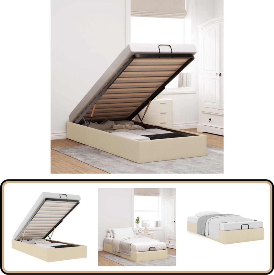 VidaXL Bedframe 100x200 cm Crème Stof met Opbergruimte Bed Frame Boxspring Tweepersoonsbed Hoofdbord Creme Kleurtje Opbergruimte Hydrauliek Stapelbaar Modern Design Slaapcomfort Kamerinrichting