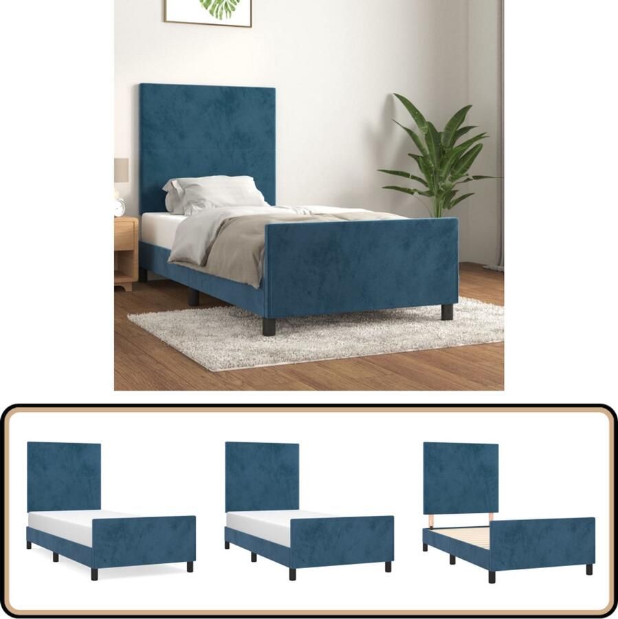 VidaXL Bedframe 100x200 cm Fluweel Donkerblauw Bed Frame Donkere Kleuren Tweepersoonsbed Velvet Bed Verstelbaar Hoofdbord Multipex Lattenbodem