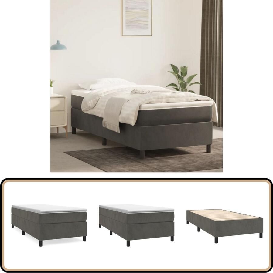 VidaXL Bedframe 100x200 cm Fluweel Donkergrijs Boxspring Frame Tweepersoons Bed Donkere Kleuren Fluweel Multiplex Lattenbodem Design Meubilair