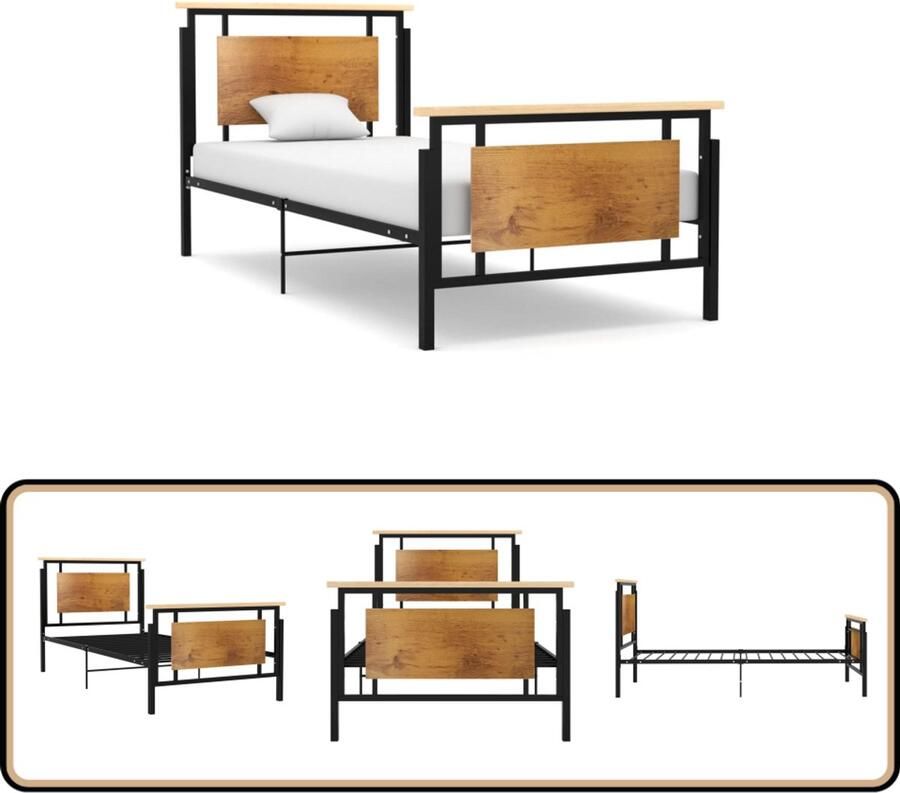 VidaXL Bedframe 100x200 cm Zwart Massief Eikenhout Metalen Bed Frame Tweepersoons Bed Zwarte Bedpost Houten Bed Frame Eikenhouten Bed Frame