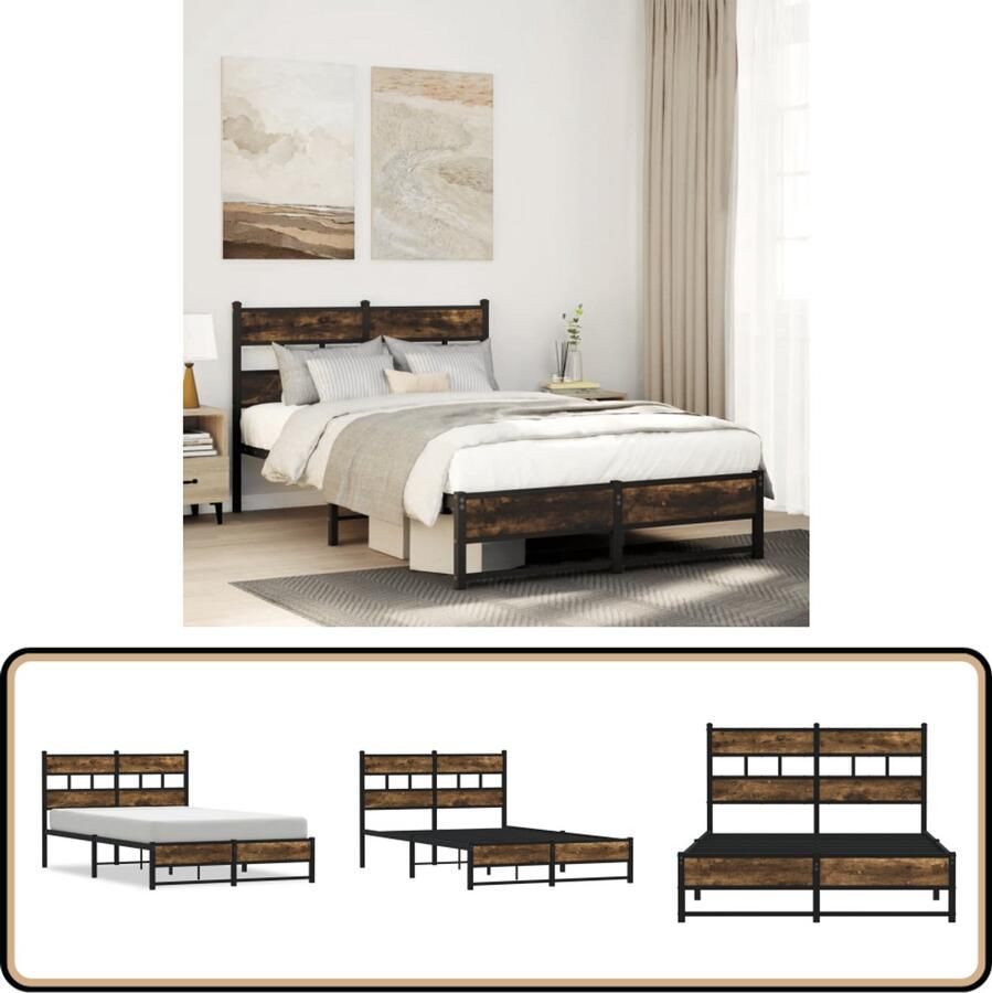 VidaXL Bedframe 120x190 cm Gerookt Eiken & Metaal Bed Frame Houten Bed Metalen Bed Slaapcomfort Moderne Slaapkamer Industrieel Bed Kingsize Bed Tweepersoonsbed Boxspring Bed Rustiek Bed Vintage Bed Elegante Bed