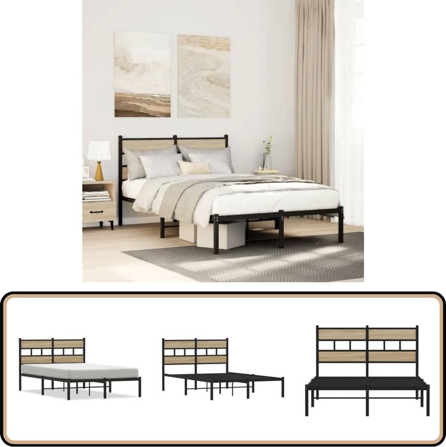 VidaXL Bedframe 120x200 cm Zwart en Sonoma eiken Bed Frame Metal Bed Frame Houten Bed Frame Eiken Kleur Bed Tweepersoons Bed