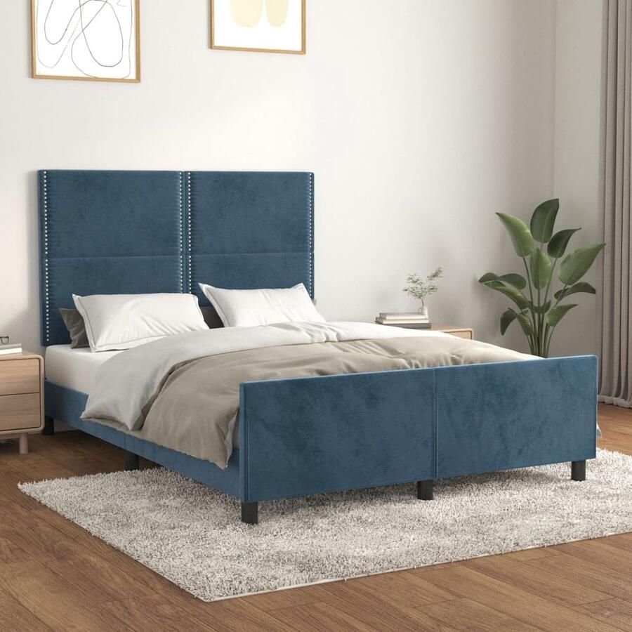 VidaXL Bedframe 140x200 cm Fluweel Donkerblauw Bedframe Fluweel Bed Tweepersoons Bed Boxspring Bed Hoofdbord Bed Adjustable Headboard Multipex Lattenbodem - Foto 2