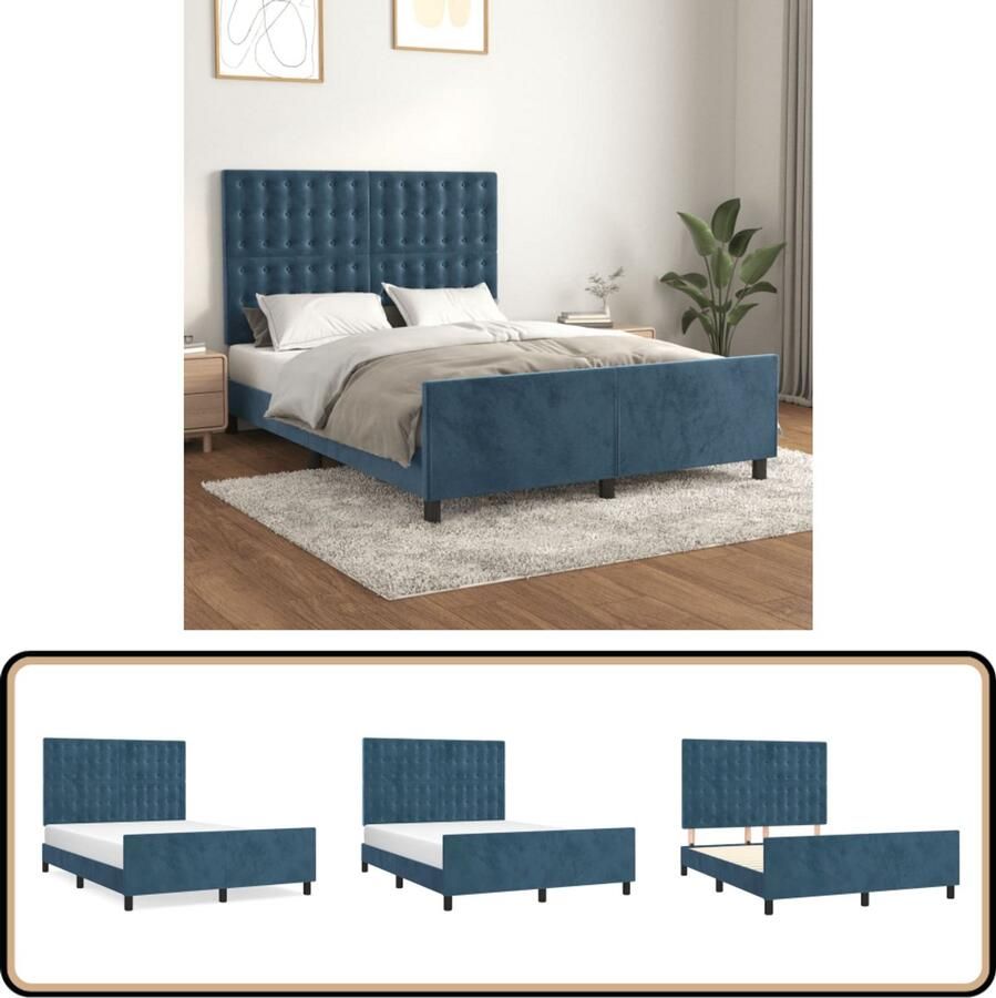VidaXL Bedframe 140x190 cm Fluweel Donkerblauw Fluweel Bed Frame Verstelbaar Hoofdeinde Tweepersoon Bed Donkere Blauwe Bed Luxe Bed Comfort Bed Bedroom Furniture