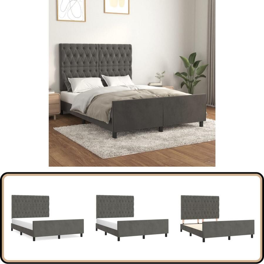 VidaXL Bedframe 140x190 cm Fluweel Donkergrijs Bed Frame Donkere Kleuren Tweepersoonsbed Fluweel Bed Adjustable Headboard