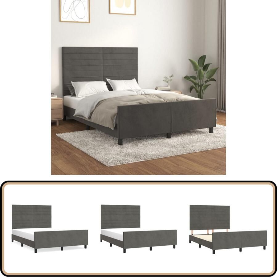 VidaXL Bedframe 140x190 cm Fluweel Donkergrijs Bed Frame Hoofdboard Velvet Bed Grijs Bed Tweepersoons Bed