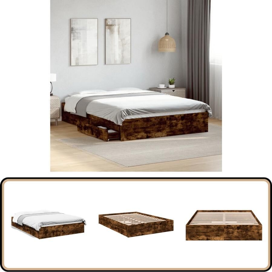 VidaXL Bedframe 140x190 cm Gerookt Eiken 4 Lades Bed Frame Houten Bed Bruine Bed Tweepersoonsbed Boxspring Bed
