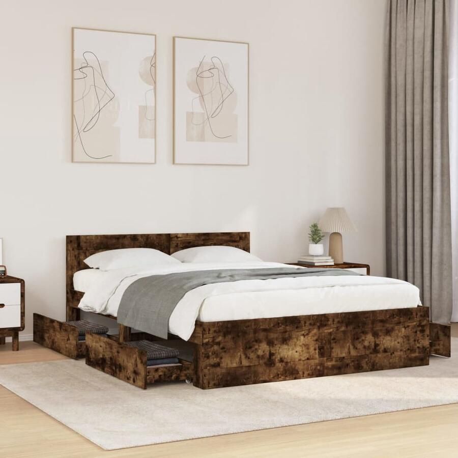 VidaXL Bedframe 140x190 cm Gerookt Eiken Bed Frame Houten Bed Boxspring Bed Tweepersoonsbed Slaapkamerstijl Modern Bed Rustieke Meubels Bergruimte Bed Opbergladekast Kingsize Bed Dubbele Bed - Foto 2