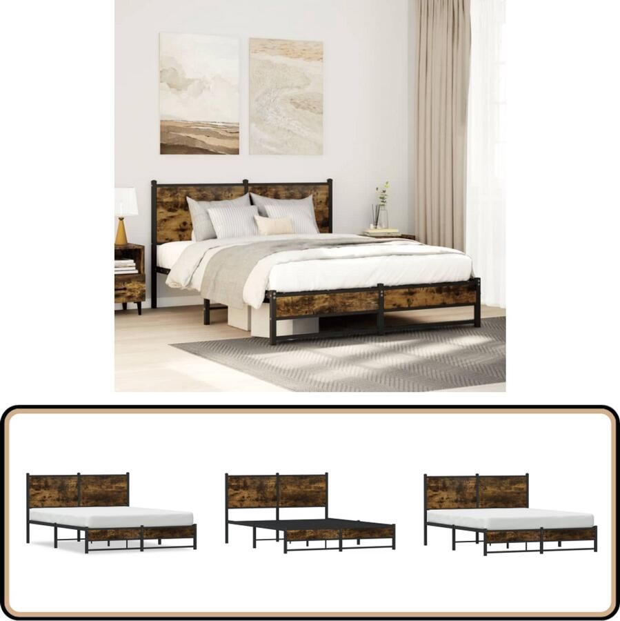 VidaXL Bedframe 140x190 cm Gerookt Eiken en Metaal Bed Frame Metal Bed Frame Houten Bed Frame Rookt Eiken Kleur Tweepersoonsbed