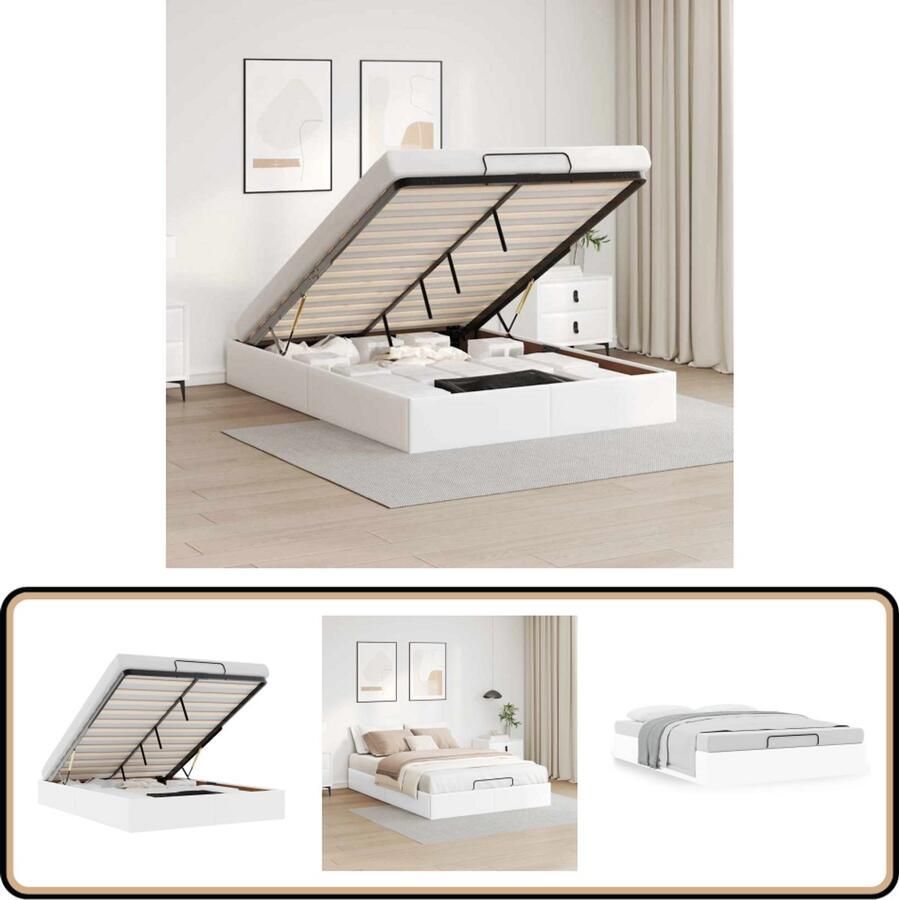 VidaXL Bedframe 140x190 cm Kunstleer Wit Voetensteun Hoofdbord Tweepersoonsslaapbank Bankbed Opslagmogelijkheid