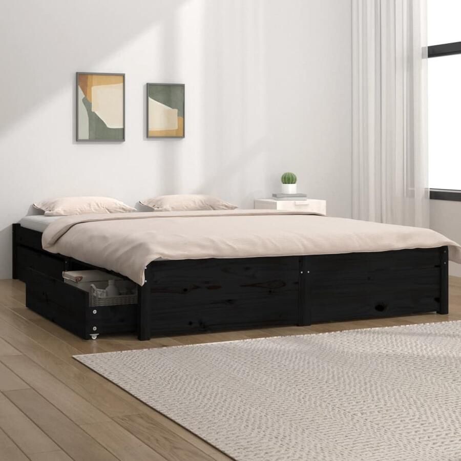 VidaXL Bedframe 140x190 cm met Lades Zwart Houten Bed Frame Slaapcomfort Opbergmogelijkheden Massief Grenenhout Zwarte Kleur Lattenbodem Boxspring - Foto 2