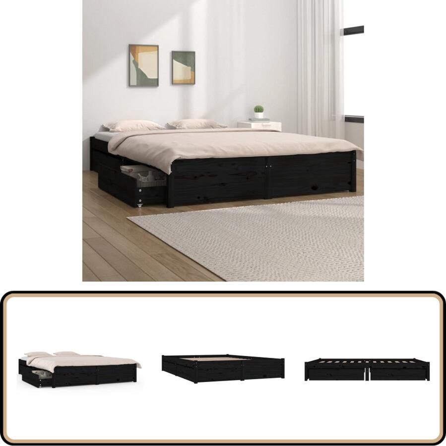 VidaXL Bedframe 140x190 cm met Lades Zwart Houten Bed Frame Slaapcomfort Opbergmogelijkheden Massief Grenenhout Zwarte Kleur Lattenbodem Boxspring