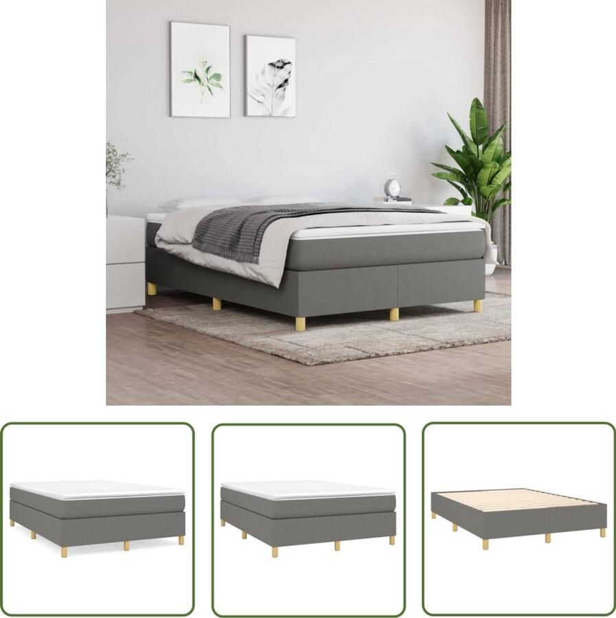 VidaXL Bedframe 140x200 cm Donkergrijs Stof Boxspring Frame Donkere Kleuren Tweepersoons Bed Houten Bedframe Stoffen Bedframe Multiplex Lattenbodem Bed Zonder Matras Grijs Bedframe