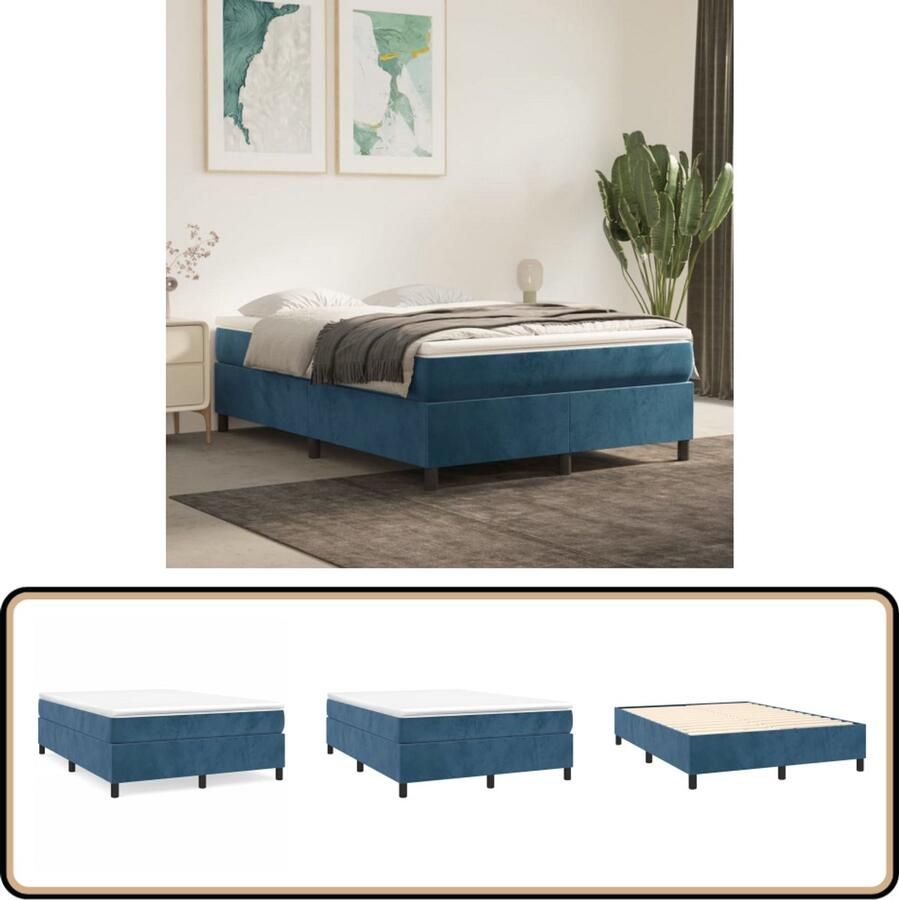 VidaXL Bedframe 140x200 cm Fluweel Donkerblauw Boxspring Frame Tweepersoons Bed Donkerblauwe Bedbank Fluweel Bed Luxe Bed Bedframe Hoofdbord