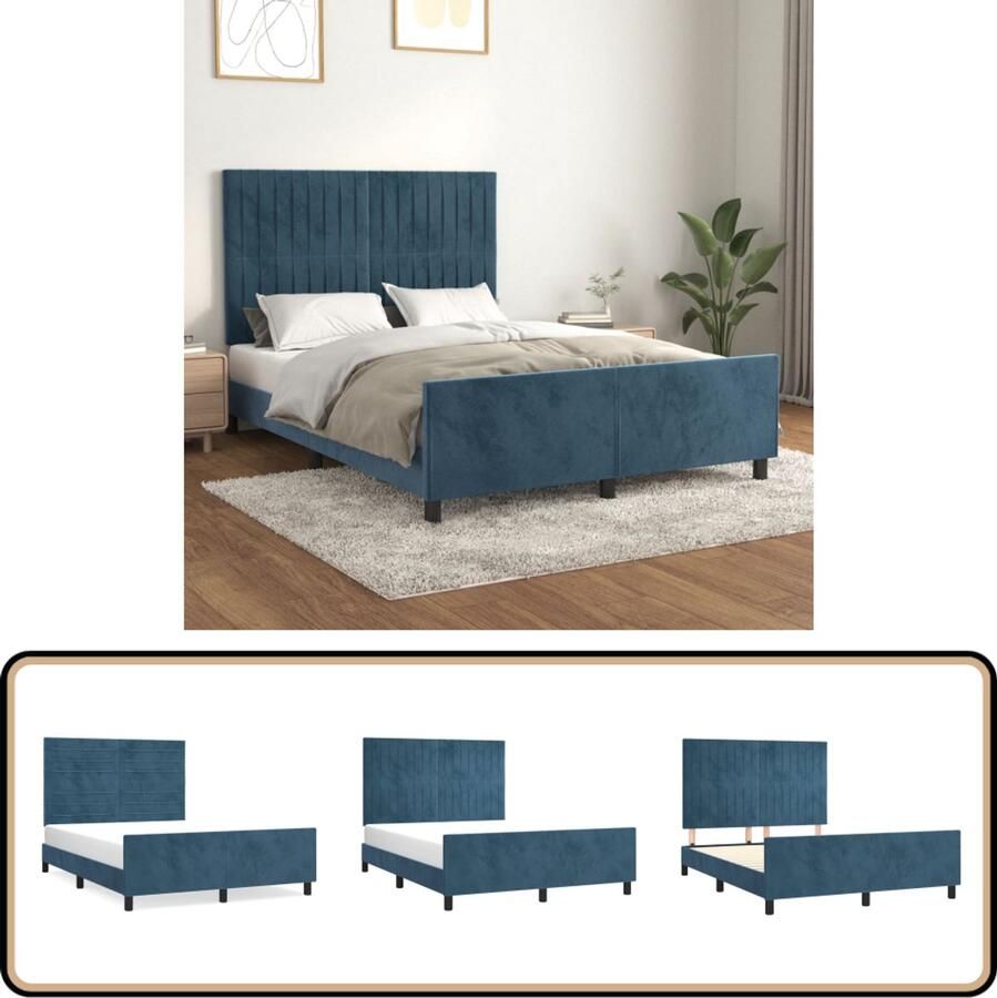 VidaXL Bedframe 140x200 cm Fluweel Donkerblauw Donkerblauwe Bedden Tweepersoons Bed Frame Velvet Bed Verstelbaar Hoofdbord Luxe Bed