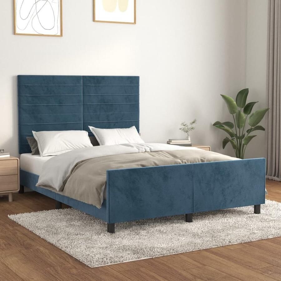 VidaXL Bedframe 140x200 cm Fluweel Donkerblauw Slaapcomfort Tweepersoons Bed Velvet Bed Blauw Bed Frame Boxspring Bed Hoofdbord Adjustable Headboard Stapelbare Poten - Foto 2