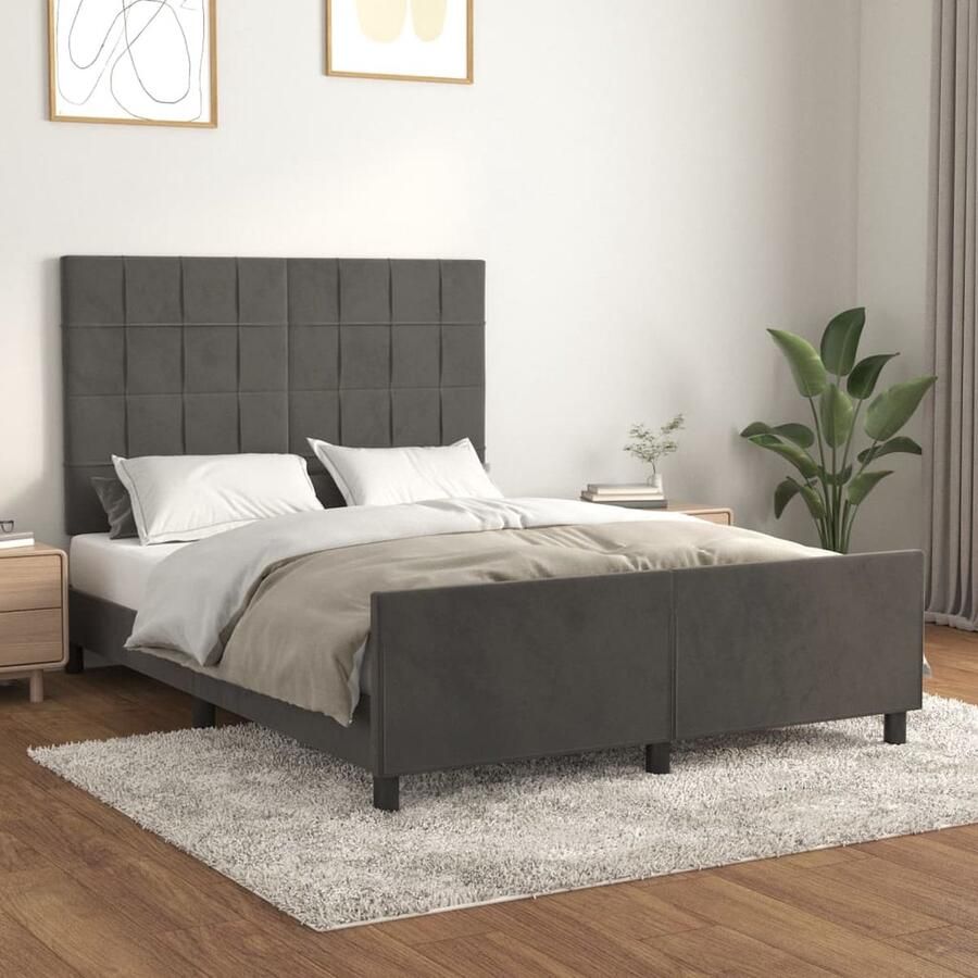 VidaXL Bedframe 140x200 cm Fluweel Donkergrijs Bed Frame Hoofdboard Tweepersoonsbed Donkere Kleuren Luxe Bed Velvet Bed Comfort Bed Stapelbed