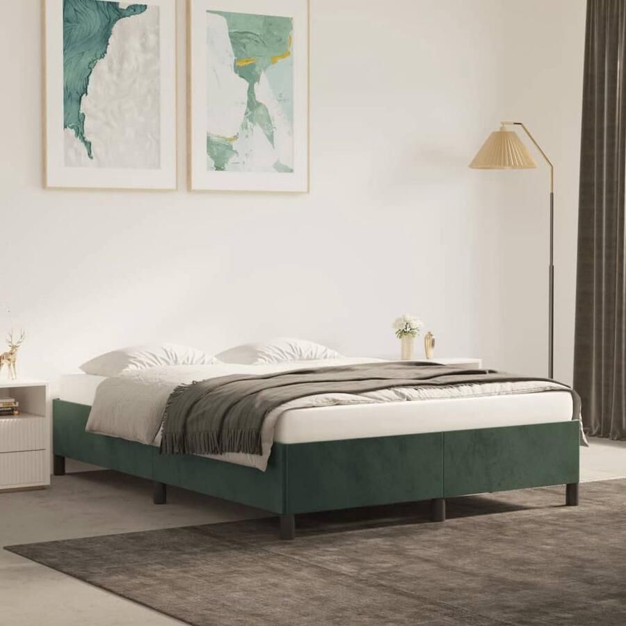 VidaXL Bedframe 140x200 cm Fluweel Donkergroen Slaapkamer Meubilair Tweepersoons Bed Fluweel Bed Frame Donkere Kleuren Bed Luxe Bed Frame Houten Bed Frame - Foto 2