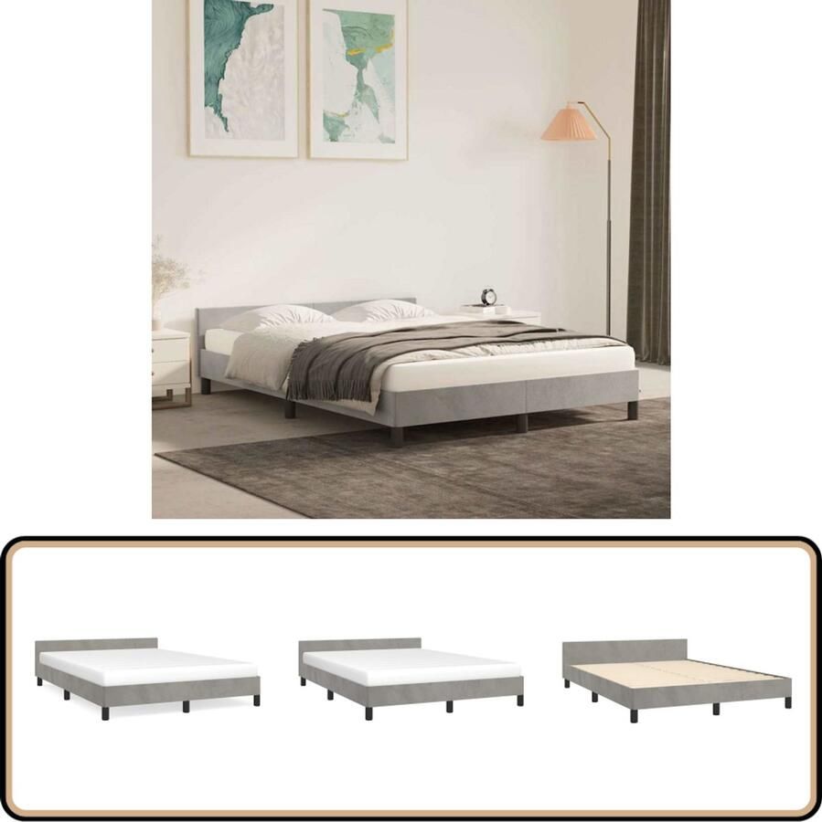 VidaXL Bedframe 140x200 cm Fluweel Lichtgrijs Fluweel Bedframe Tweepersoons Bed Licht Grijs Bed Met Hoofdbord Multipex Lattenbodem Boxspring Look