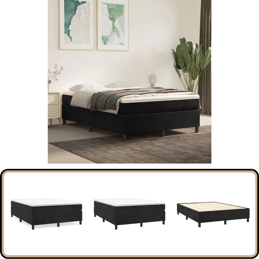 VidaXL Bedframe 140x200 cm Fluweel Zwart Boxspring Frame Tweepersoons Bed Velvet Bed Zwarte Bed Slaapcomfort Stabiel Bed Houten Bedpoten