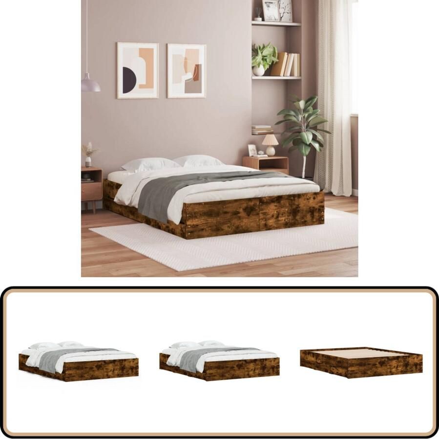 VidaXL Bedframe 140x200 cm Gerookt Eiken 6 Lades Bruine Bed Frame Houten Bed Frame Slaapcomfort Boxspring Bed Tweepersoons Bed