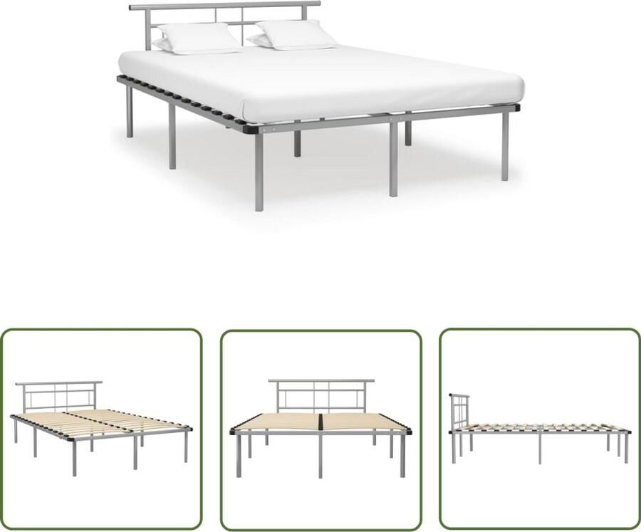 VidaXL Bedframe 140x200 cm Metaal Grijs Metalen Bedframe Tweepersoonsbed Grijze Bedbank Bedframe 140x200 Slaapkamer Meubels Boxspring Frame Hoofdbord Stapelbare Bedbodems