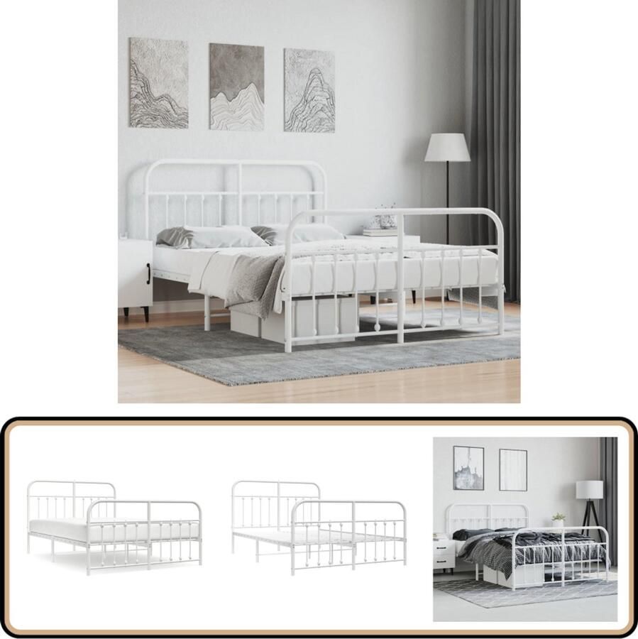 VidaXL Bedframe 140x200 cm Metaal Wit Robuust Bedframe Klassiek Design Metalen Bedframe Staal Frame Boxspring Bed
